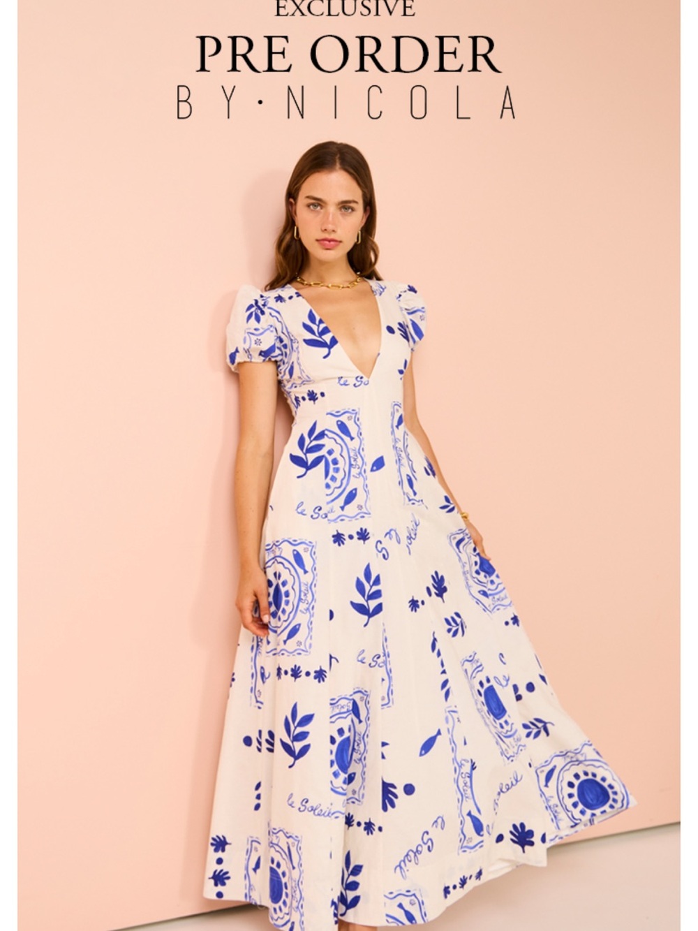 Coco & Lola By NICOLA White Maxi Dress with Bold Blue Print and V-Neck